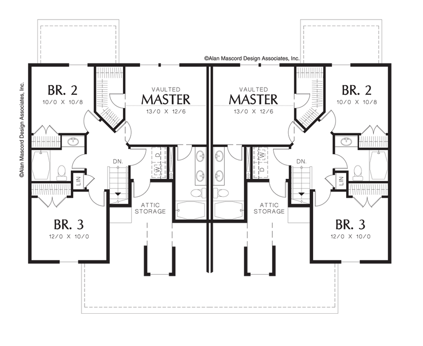 Upper Floor Plan image for Mascord Lambrook-Back to Back Plans with 3 Bedrooms-Upper Floor Plan