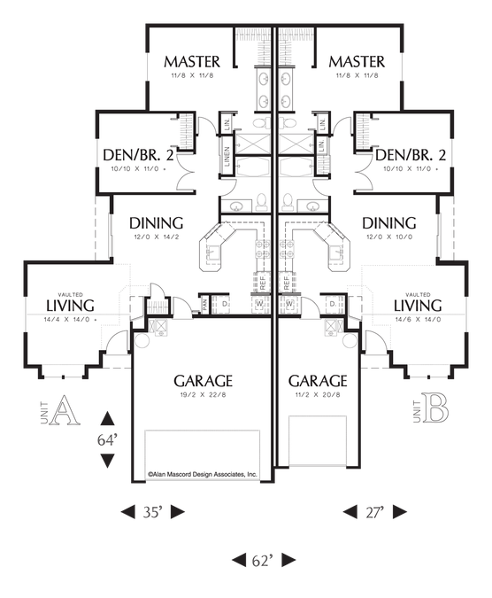 Main Floor Plan image for Mascord Whitespire-Duplex with Slightly Smaller Second Unit-Main Floor Plan