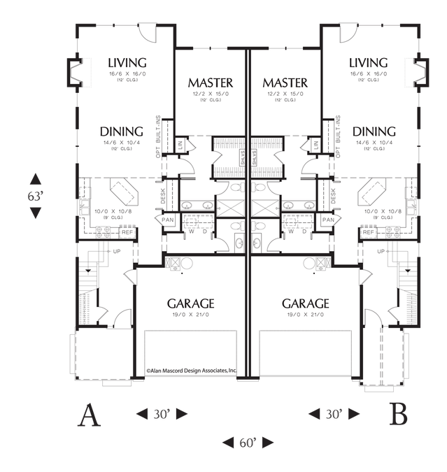 Main Floor Plan image for Mascord Aurora-Craftsman Duplex with Island, Built-in Media Center-Main Floor Plan