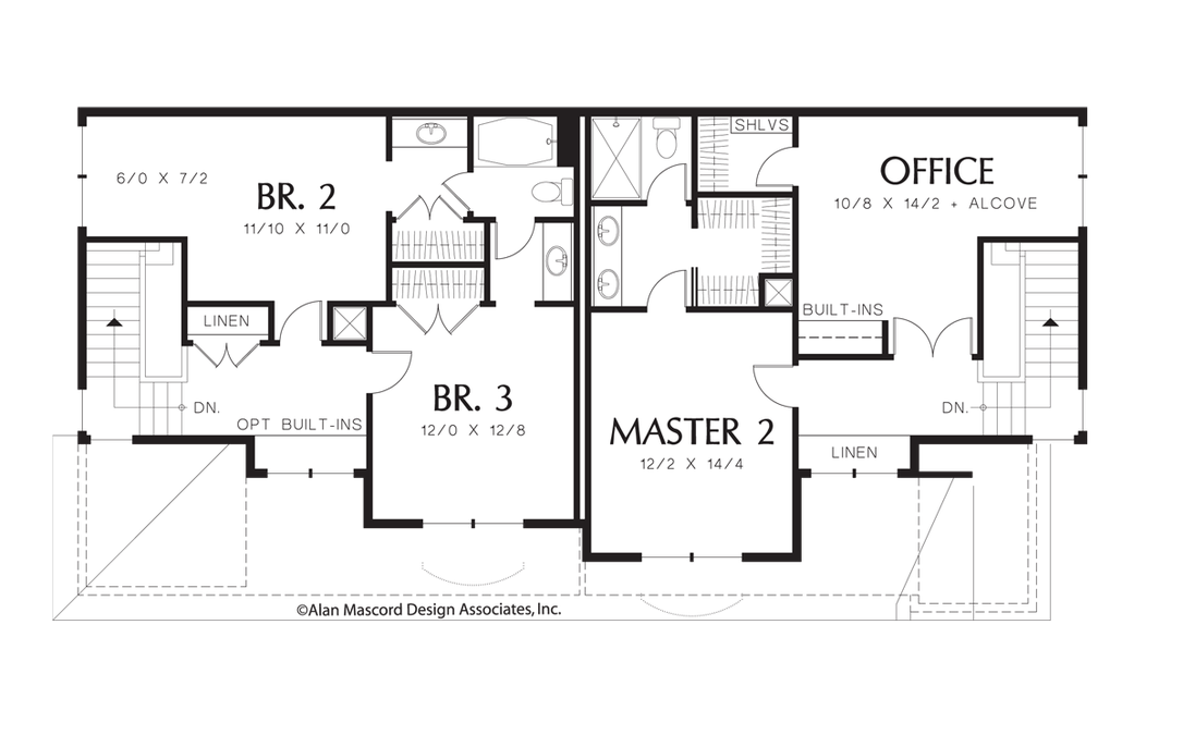 Upper Floor Plan image for Mascord Aurora-Craftsman Duplex with Island, Built-in Media Center-Upper Floor Plan