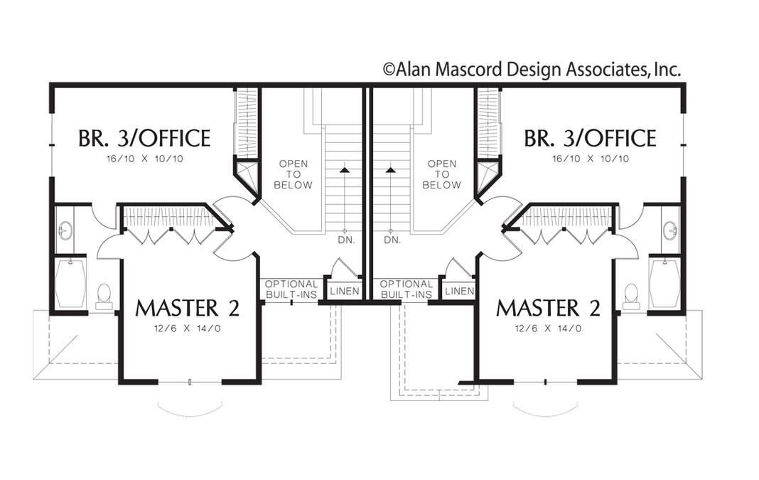 Upper Floor Plan image for Mascord Whitman-Gabled Roofs Downplay Large Garages-Upper Floor Plan