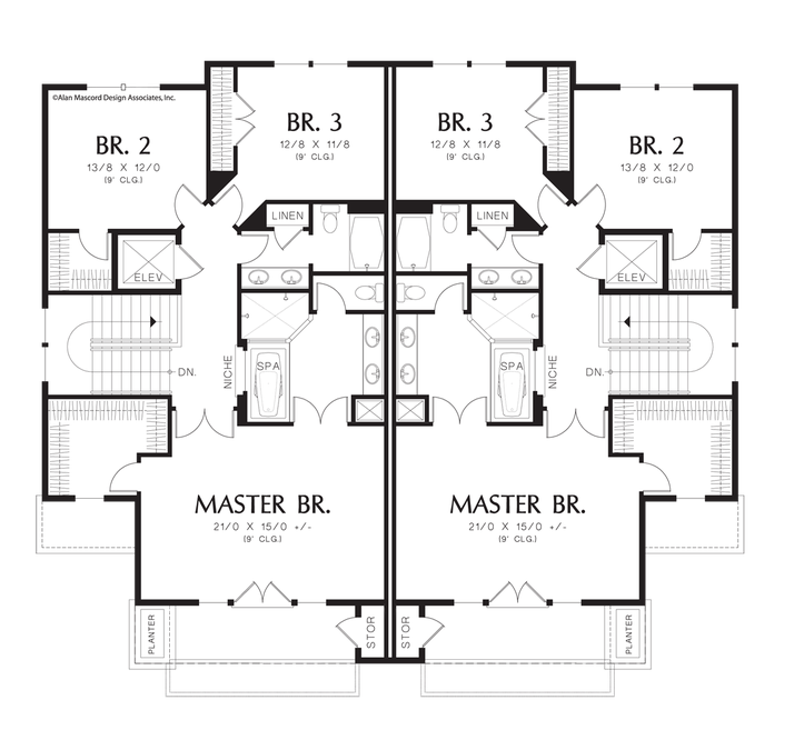 Upper Floor Plan image for Mascord Prairiefire-Hillside Multi-family Home Plan-Upper Floor Plan