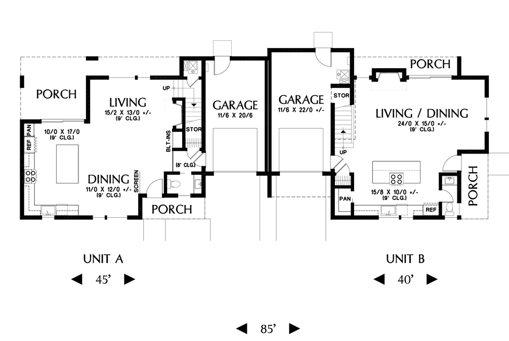 Main Floor Plan image for Mascord Coen-Desirable Shed Roof Contemporary Duplex Floor Plan-Main Floor Plan