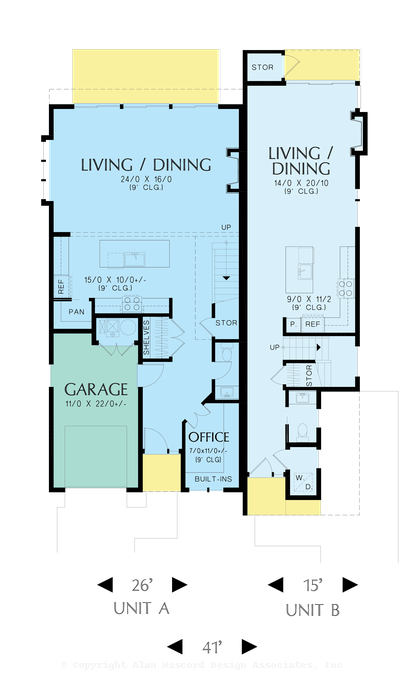 Main Floor Plan image for Mascord Melanie-Asymmetrical Primary and Secondary sized Duplex Plan-Main Floor Plan