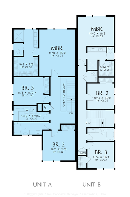 Upper Floor Plan image for Mascord Melanie-Asymmetrical Primary and Secondary sized Duplex Plan-Upper Floor Plan
