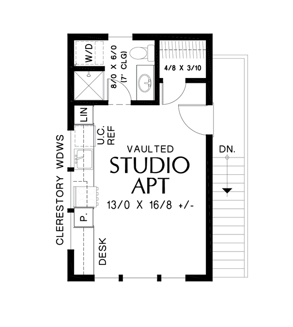 Upper Floor Plan image for Mascord Stratton-Contemporary Studio Apartment with Vaulted Ceilings above Garage-Upper Floor Plan