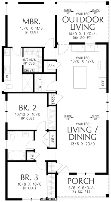 Main Floor Plan image for Mascord Moorecroft-Efficient three bedroom farmhouse plan for suburban or country living-Main Floor Plan