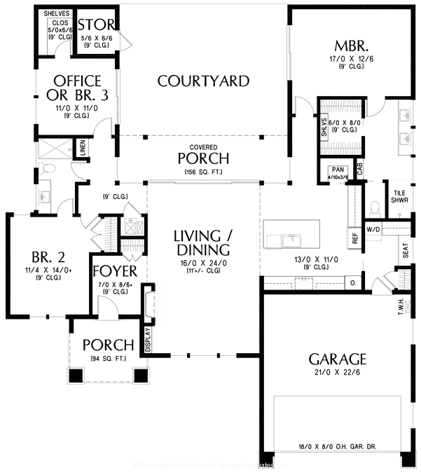 Main Floor Plan image for Mascord Juniper Courtyard-Farmhouse with Central Courtyard-Main Floor Plan