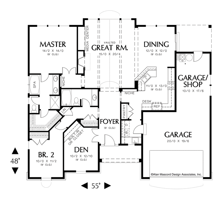 Main Floor Plan image for Mascord Hayword-Vaulted Great Room Plan with Light-Main Floor Plan