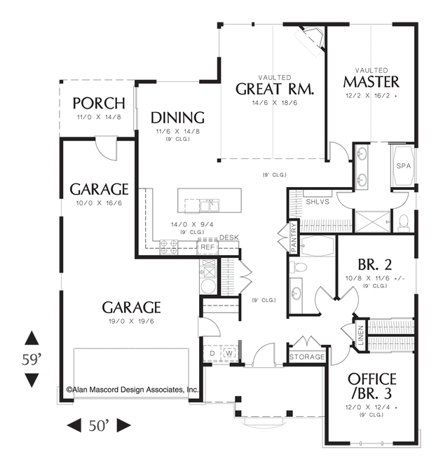 Main Floor Plan image for Mascord Morton-Craftsman Plan with High Ceilings and Covered Porch-Main Floor Plan