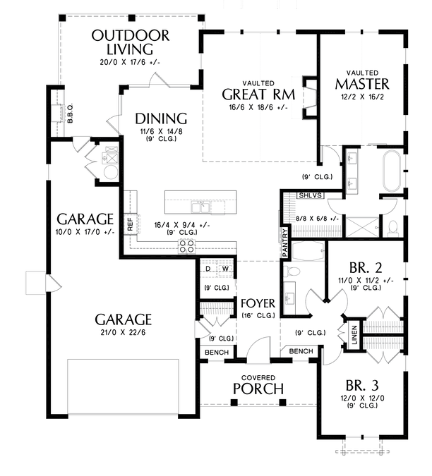 Main Floor Plan image for Mascord Humboldt-Modern Farmhouse Design, Beautiful Outdoor Spaces!-Main Floor Plan
