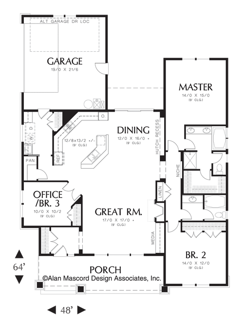 Main Floor Plan image for Mascord Ellington-3 Bedroom Craftsman Plan with Spacious Feel-Main Floor Plan