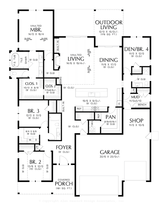 Main Floor Plan image for Mascord Banfield-Farmhouse Plan with Den or 4th Bed and Great Outdoor Living-Main Floor Plan