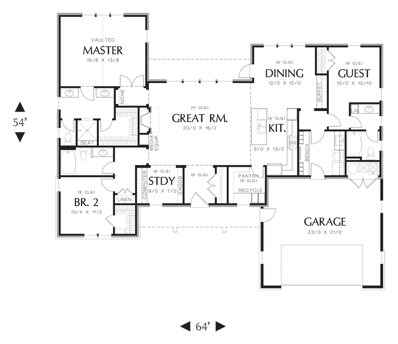 Main Floor Plan image for Mascord Meriwether-Traditional Craftsman Ranch with Oodles of Curb Appeal - and Amenities to Match!-Main Floor Plan