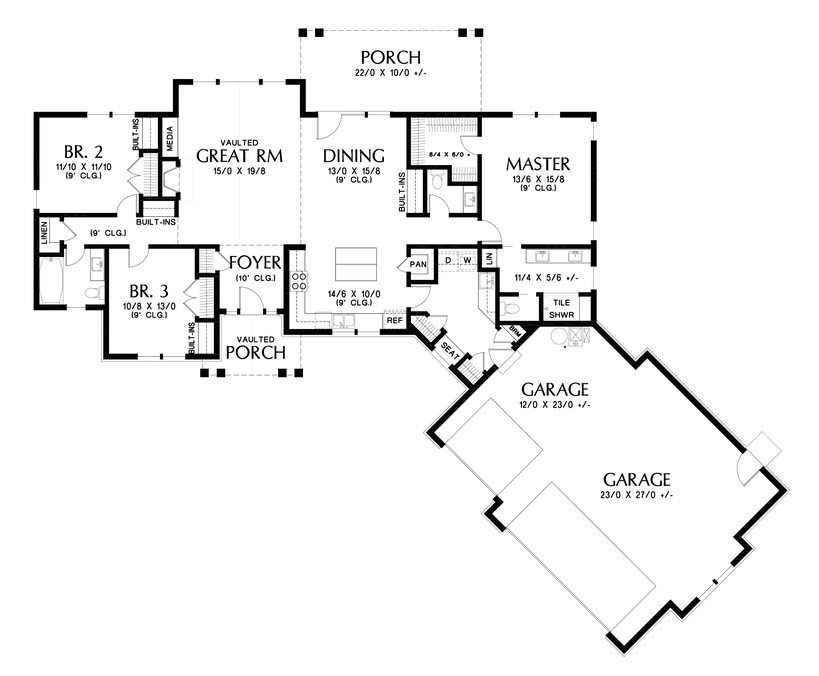 Main Floor Plan image for Mascord Adamsville-Craftsman Ranch style home with 3 car angled agarage-Main Floor Plan
