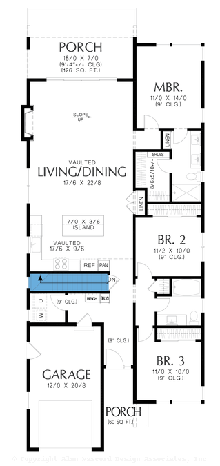 Basement Stair Location image for Mascord Butternut Pine-Great Narrow Plan for Urban, Infill, or Restrictive Lots-Basement Stair Location