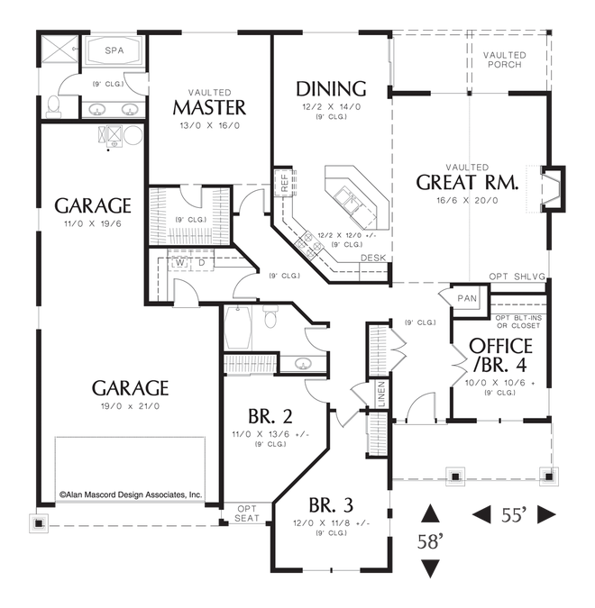 Main Floor Plan image for Mascord Sutton-Vaulted Single Story Plan with Open Great Room-Main Floor Plan