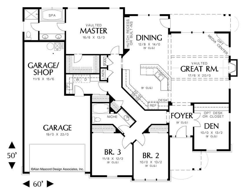 Main Floor Plan image for Mascord Galen-Traditional Plan with Fireplace and Media Center-Main Floor Plan
