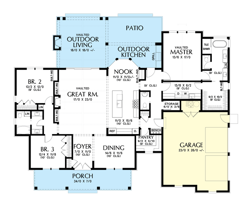 Main Floor Plan image for Mascord Cedar Tree Hollow-Great Farmhouse with Vaulted Spaces and Formal Dining-Main Floor Plan