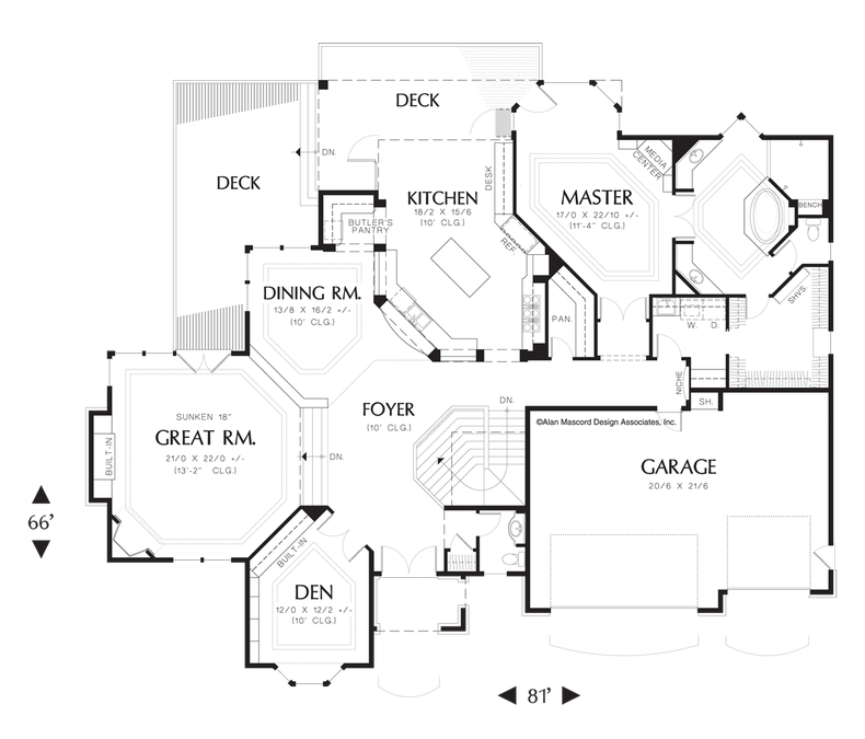 Main Floor Plan image for Mascord Avellana-European Home Plan for Side and Rear Sloping Lots-Main Floor Plan