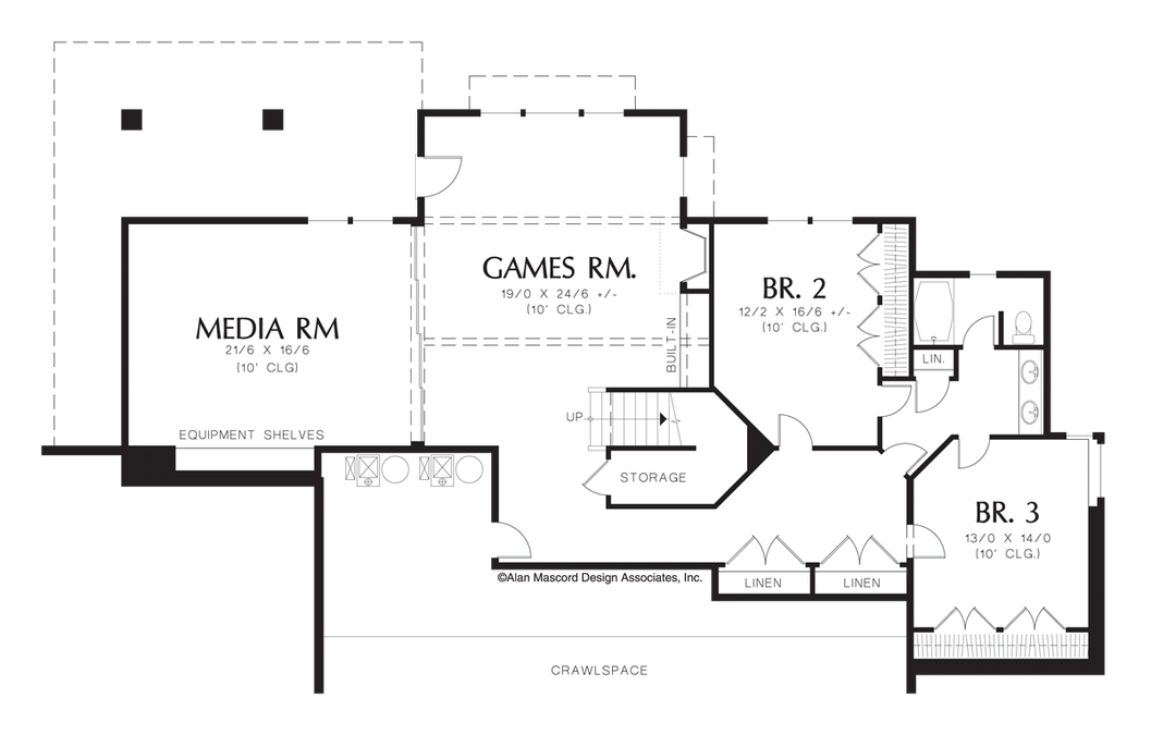 Lower Floor Plan image for Mascord Holdsworth-Hillside Craftsman Plan with Vaulted Great Room-Lower Floor Plan