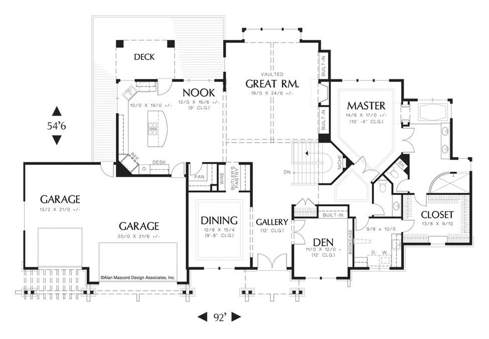 Main Floor Plan image for Mascord Holdsworth-Hillside Craftsman Plan with Vaulted Great Room-Main Floor Plan
