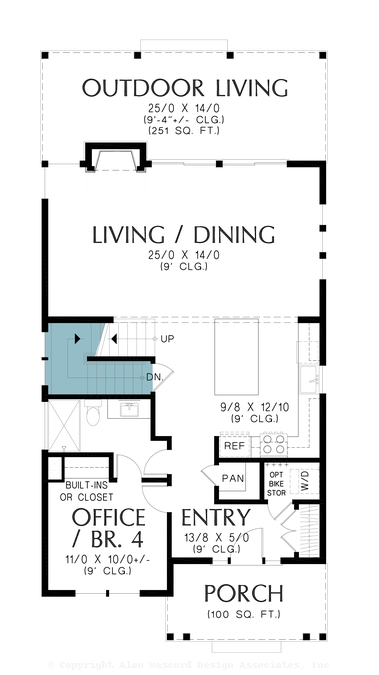 Basement Stair Location image for Mascord Lanford-Elegant plan designed to fit in the tightest of lots-Basement Stair Location