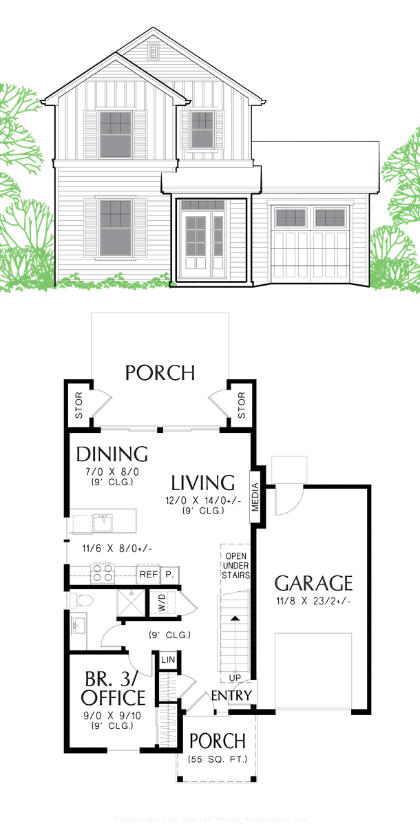 Add One Car Garage to Mascord Clementine-Narrow Footprint Farmhouse with Optional Garage-Add One Car Garage