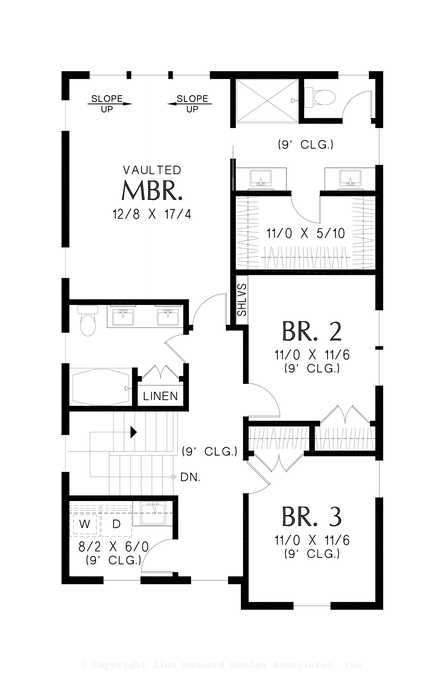 Upper Floor Plan image for Mascord Oak Grove-Slim footprint that packs a narrow lot punch-Upper Floor Plan