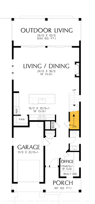 Basement Stair Location image for Mascord Bramble-Narrow Lot Plan with Office and Great Connection to Outdoors-Basement Stair Location