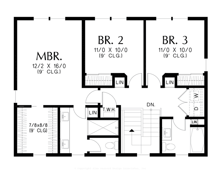Upper Floor Plan image for Mascord Cottage Grove-Simple lines and stacked amenities with options-Upper Floor Plan