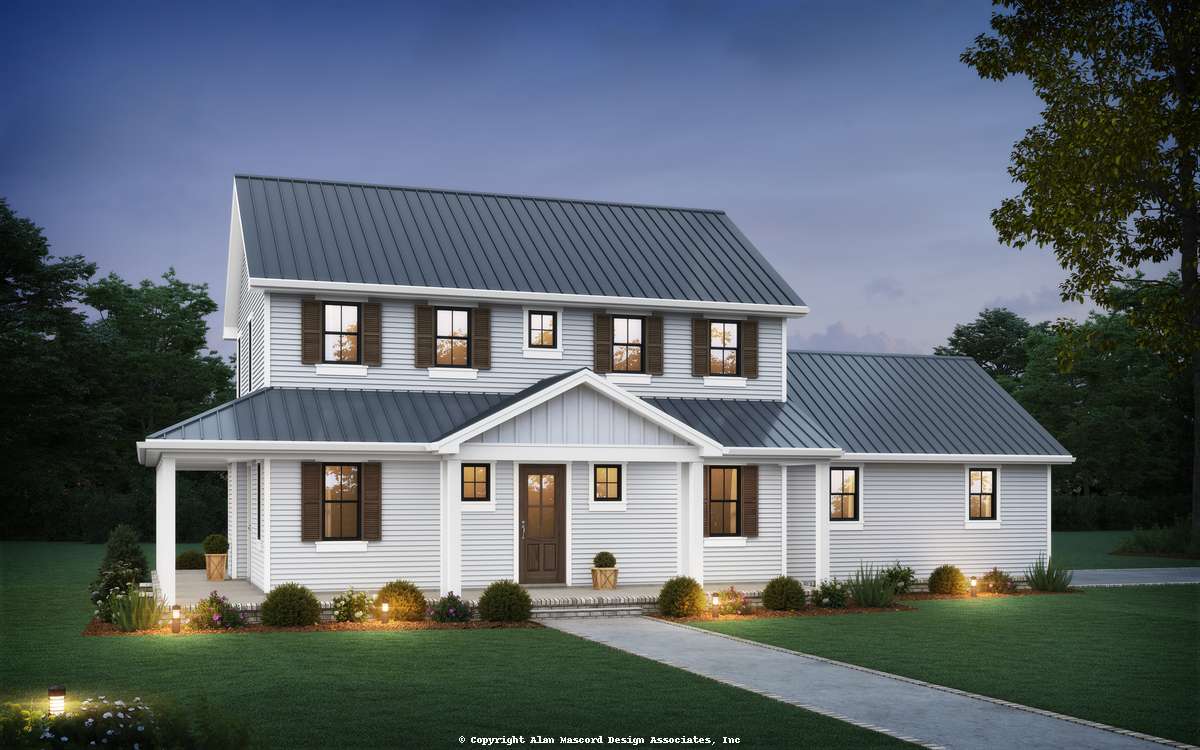 Adds a Wrap-around Porch with a 2 Car Side-load Garage to Mascord Cottage Grove-Simple lines and stacked amenities with options-Adds a Wrap-around Porch with a 2 Car Side-load Garage