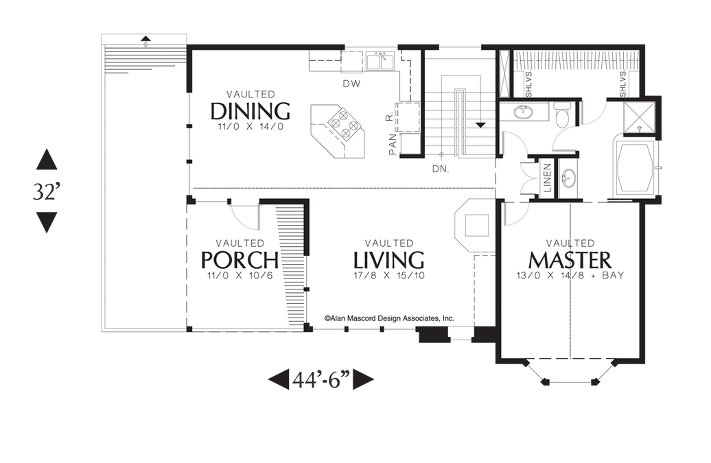 Main Floor Plan image for Mascord Sullivann-Craftsman Style Plan with L-shaped Kitchen-Main Floor Plan