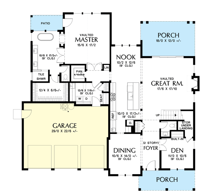 Main Floor Plan image for Mascord Ivy Ridge-Great farmhouse plan with two story foyer and vaulted greatroom-Main Floor Plan