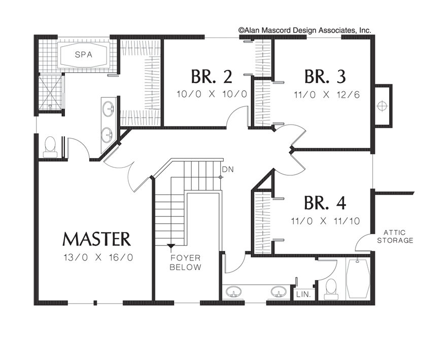 Upper Floor Plan image for Mascord Chanticleer-Charming Country Plan with Wrap-around Porch-Upper Floor Plan