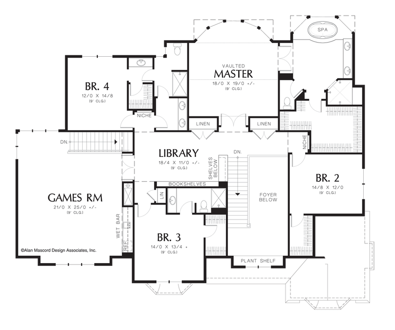 Upper Floor Plan image for Mascord Harwood-French Country Plan with Fireplace in Living and Dining-Upper Floor Plan