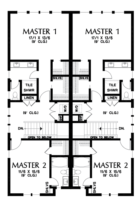 Upper Floor Plan image for Mascord Maplewood-Contemporary duplex house plan for sloping lots with great amenities-Upper Floor Plan